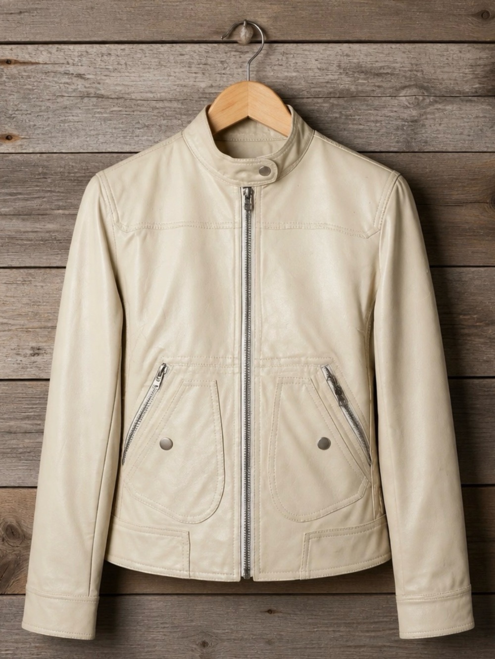 Women's Cream Pu Leather Moto Jacket with Snap Collar